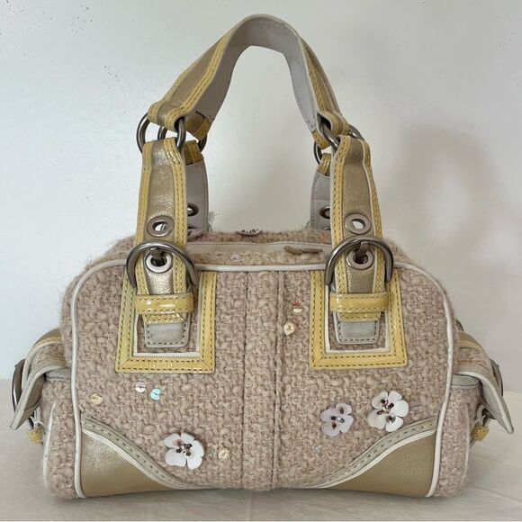 Coach 10071 Tweed Soho Boston Baguette Floral Applique Metallic Leather Bag RARE - Picture 4 of 13